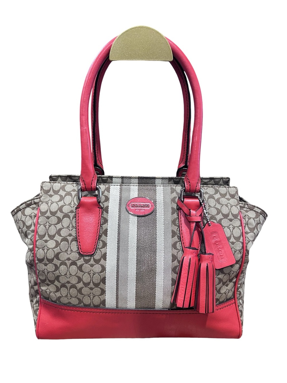 Coach Beige Signature Stripe East West Satchel - Picture 2 of 10
